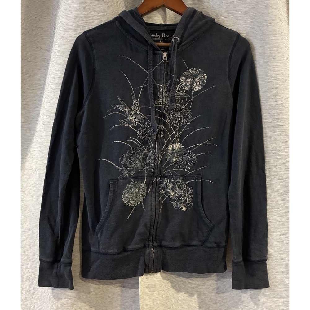 Vintage‎ Lucky Brand Navy Blue Embroidered Floral Zip-Up Hoodie Size Medium